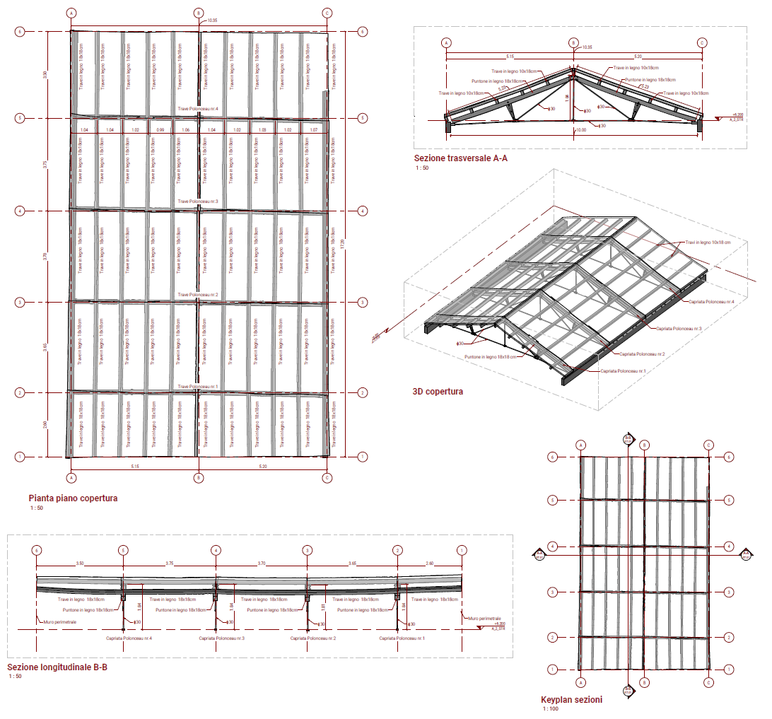 Historic timber roof — framing plan, sections and 3D of the Polonceau-truss roof