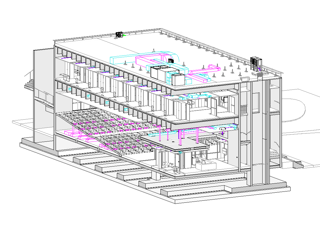 Campus Saini — 3D structural model of foundations, frame and floor systems